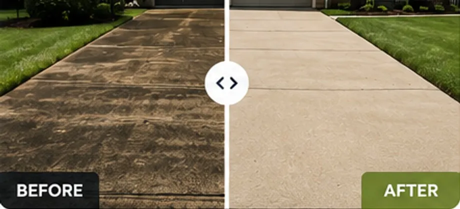 Concrete driveway, stained before and clean after