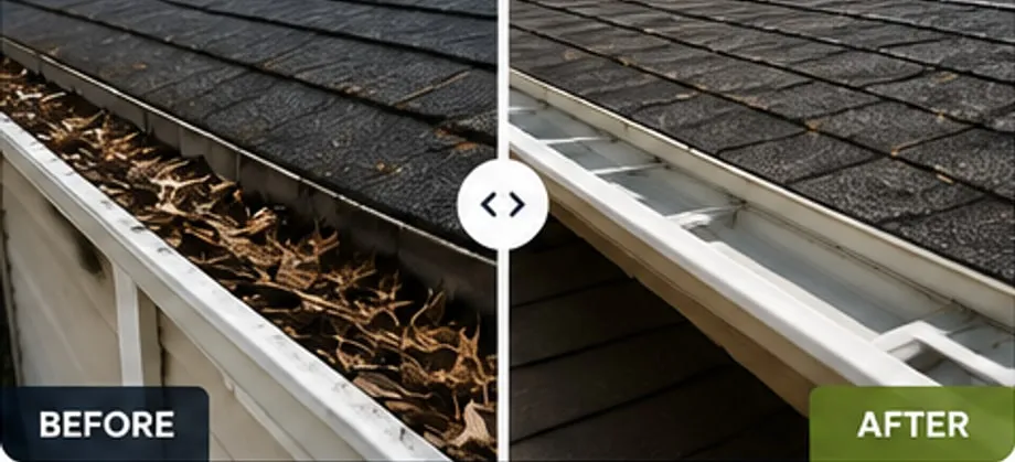Roof gutter, clogged with leaves before and clear after