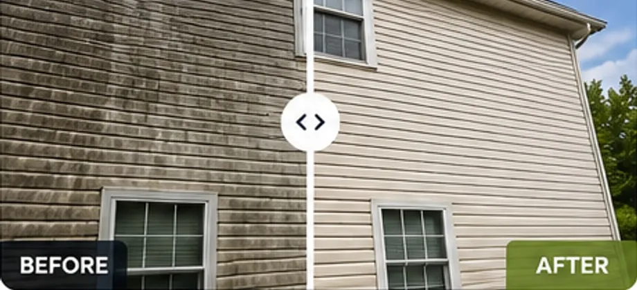 Vinyl siding, before washing on the left and clean on the right