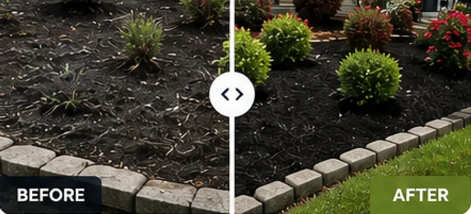 Landscape bed, bare before and freshly mulched after
