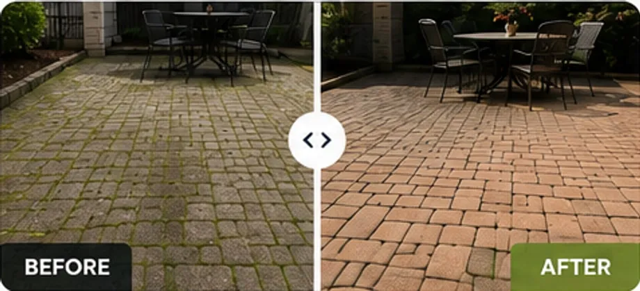 Paver patio, mossy before and clean after