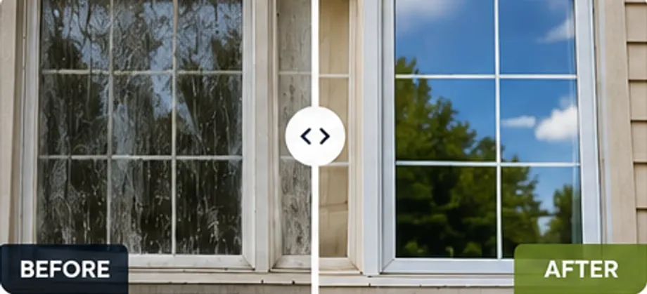 Window panes, grimy before and crystal clear after