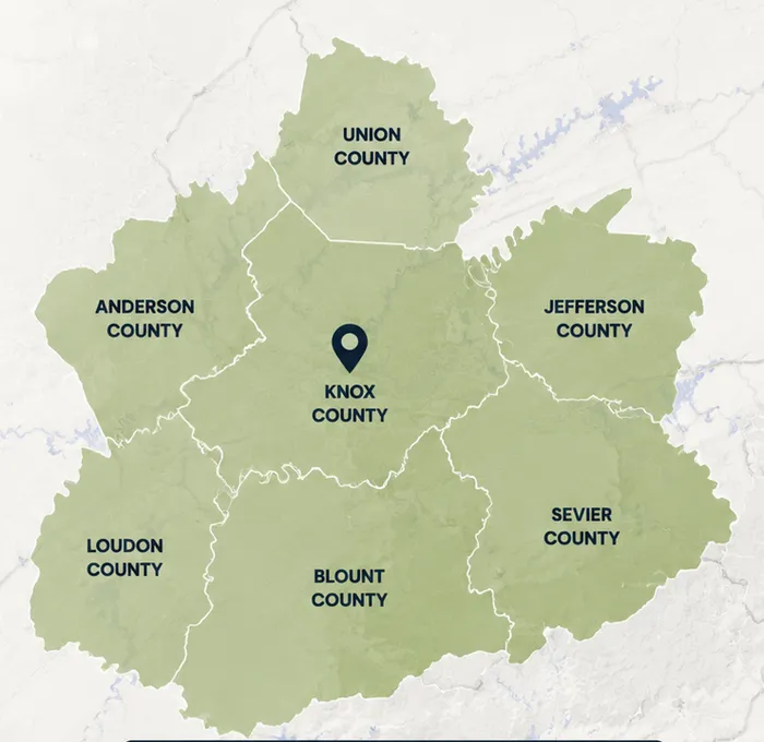 Map of the seven East Tennessee counties IronStone serves: Knox, Anderson, Blount, Loudon, Sevier, Jefferson, and Union